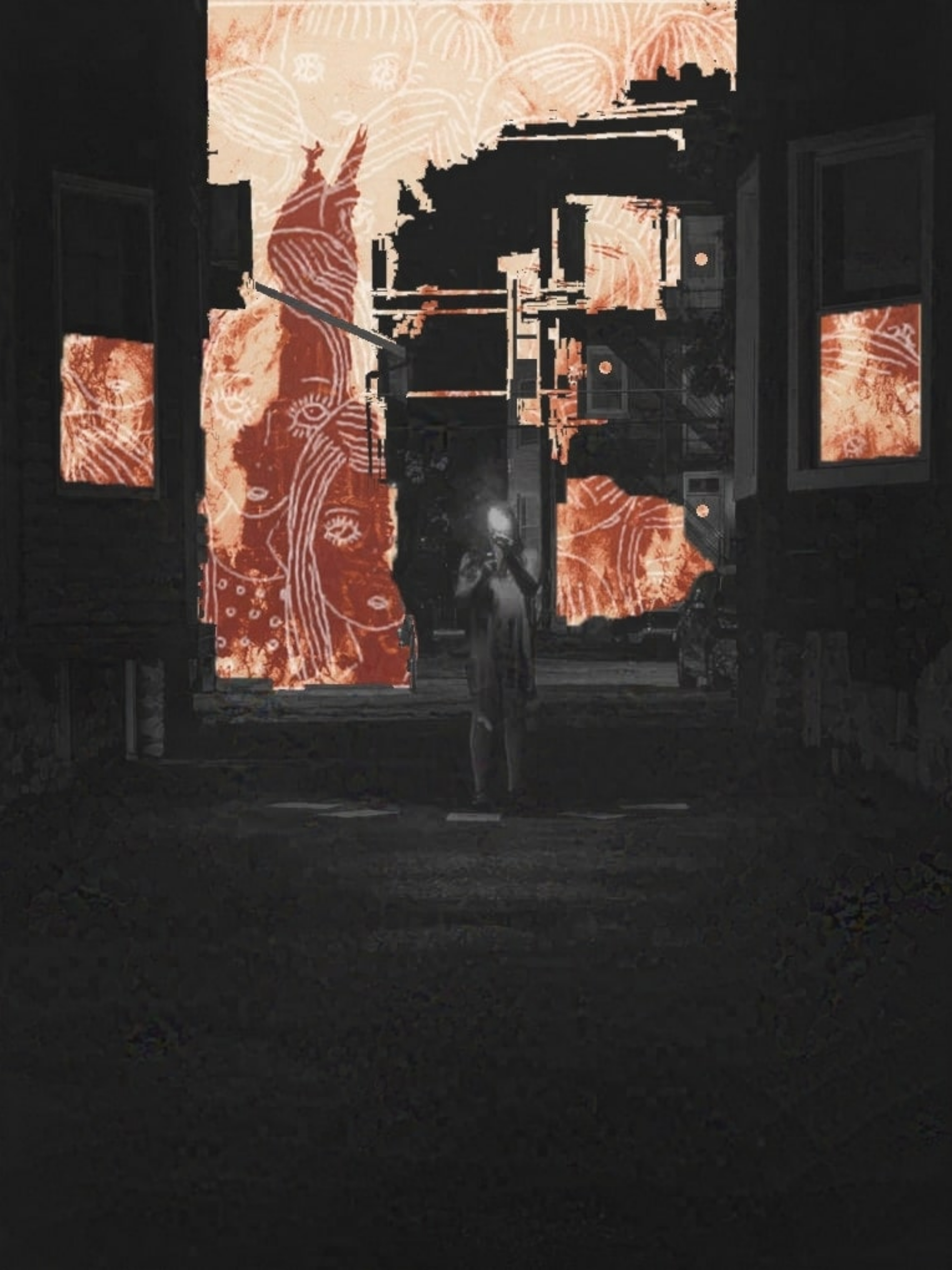 Risograph print of a trans woman with scissors to her neck as radical agency of her own life.